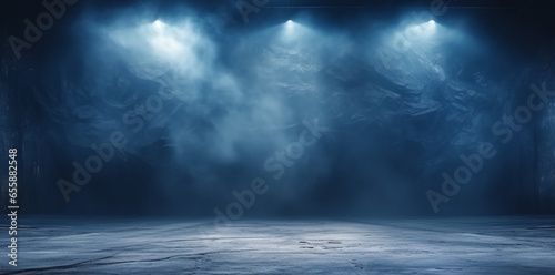 3D Illustration. Dark foggy environment, flat concrete place illuminated by top lights. Template for adding your content. photo