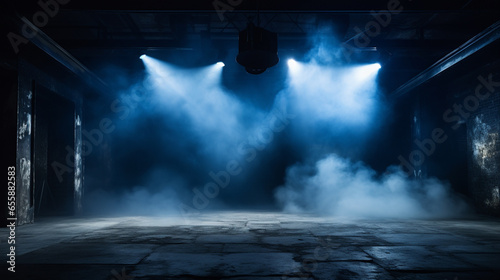 scene  stage light with colored spotlights and smoke