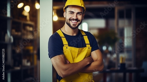Mastering the Pipes: A Handsome and Accomplished Plumber, Dressed in a Yellow Workman's Attire and Protective Headgear, Radiates Confidence  Friendly Smile as He Poses for the Camera, Set Against  © Talha