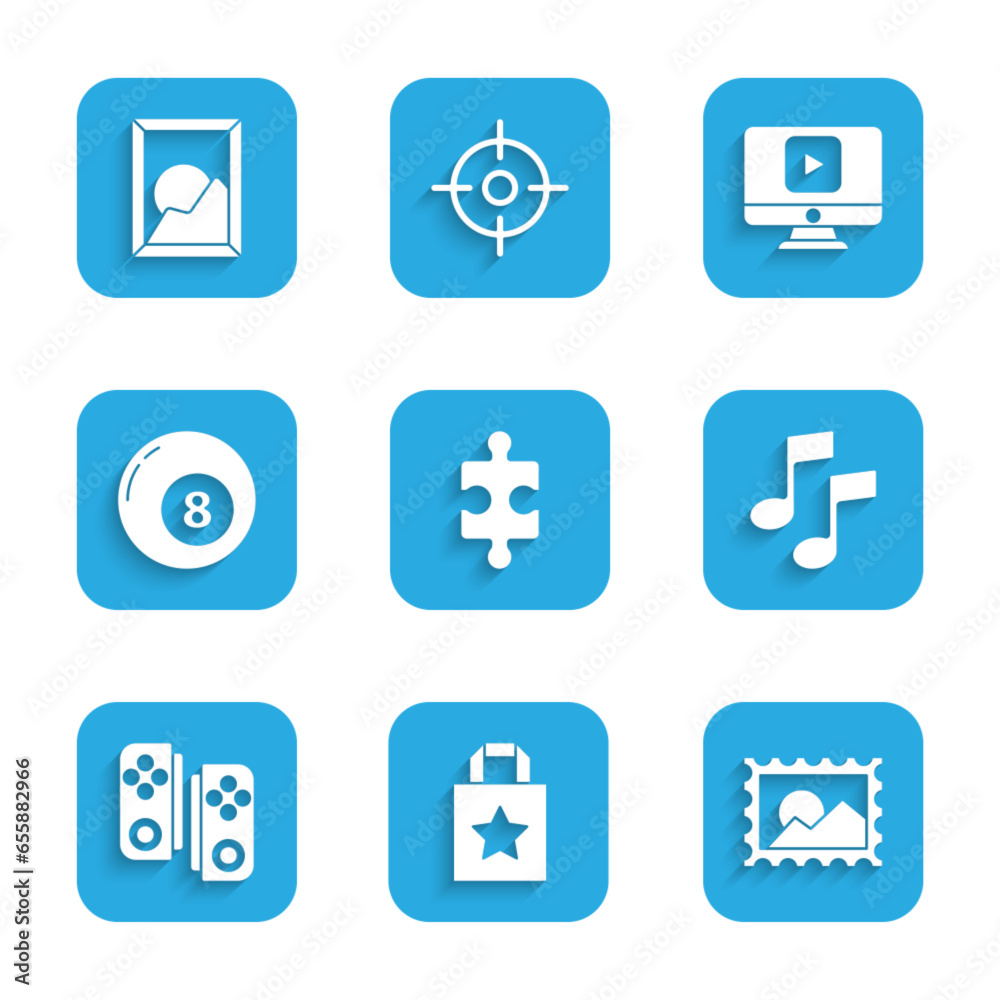 Set Piece of puzzle, Paper shopping bag, Postal stamp, Music note, tone, Gamepad, Billiard pool snooker ball, Online play video and Picture landscape icon. Vector