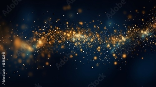 Abstract glitter lights background in blue, gold and black colors. Blurred bokeh effect. Elegant and festive design for banner, poster, invitation, card or wallpaper. photo