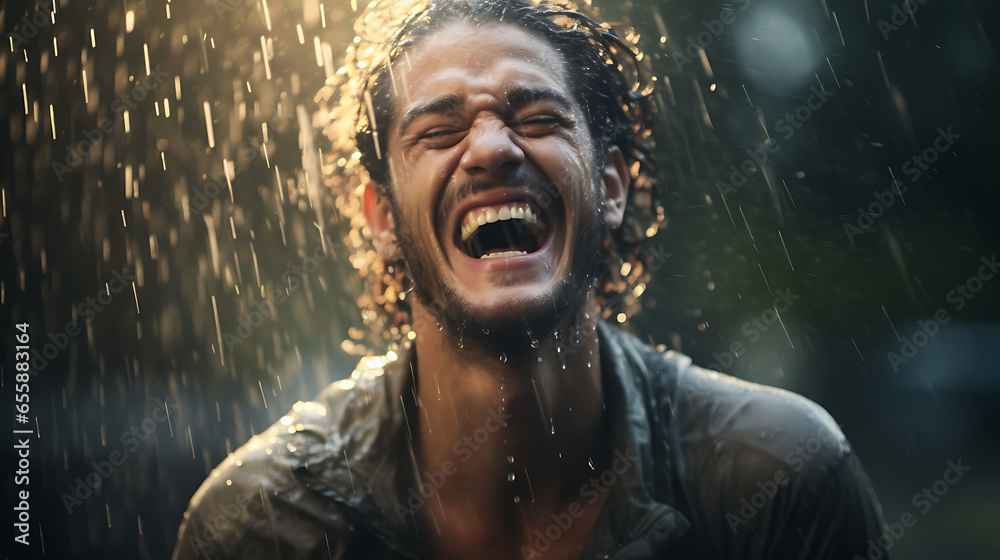 Joyful portrait of someone laughing in the rain, using high shutter speed to freeze raindrops Joyful portrait of someone laughing in the rain, using high shutter speed to freeze raindrops