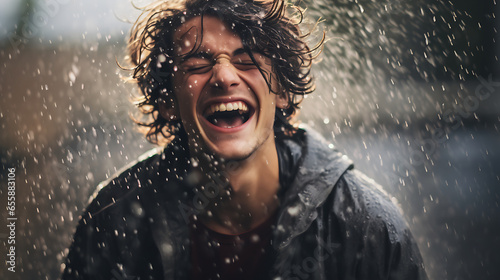 Joyful portrait of someone laughing in the rain, using high shutter speed to freeze raindrops © Alin