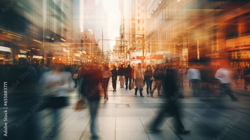 Capturing the Bustling Energy of an Urban Metropolis: A Dynamic Street Scene with Blurred Motion of People in a Thriving Cityscape
