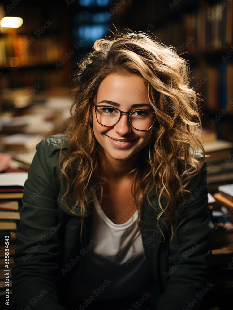 Young female student study in the school library.