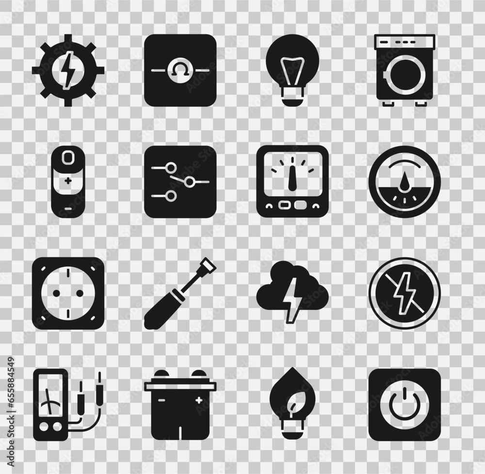 Fototapeta premium Set Power button, No lightning, Electric meter, Creative lamp idea, Switch electronic circuit, Battery charge, Gear and and Ampere multimeter icon. Vector