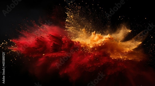 Christmas holidays red, gold colored dust glitter explosion background. Splash of traditional Christmas colors smoke shine dust on black background. Xmas New year abstract festive banner