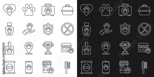 Set line Pets vial medical, Veterinary hospital, Anti worms parasite, first aid kit, Hands with animals footprint, shampoo, Heart and Animal health insurance icon. Vector