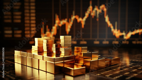 Gleaming Prosperity: A Pile of Gold and Coins Amidst Soaring Market Values, Ascending Graphs, and Bright Financial Charts Illuminate Optimistic Financial Market Perspectives