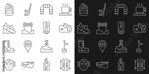 Set line Ski and sticks, Location marker, Ice hockey goal, Winter scarf, Ribbon finishing line, Mountain descent, Stone for curling and Meteorology thermometer icon. Vector