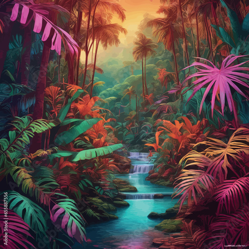 3d illustration of tropical landscape 3d illustration of tropical landscape tropical jungle with palm and neon 3d illustration