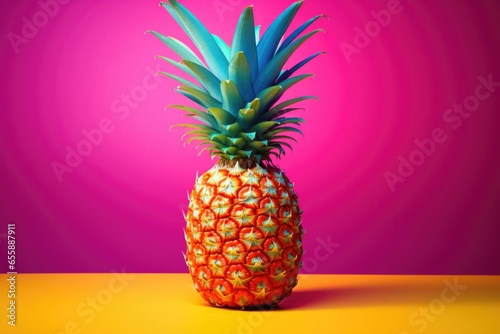 Freshest ripe pineapple with a splash of polka dots and creative juices, sensory overload neon saturated colors of yellow, cyan, magenta and blue hues. Artistic pop art like presentation concept.
