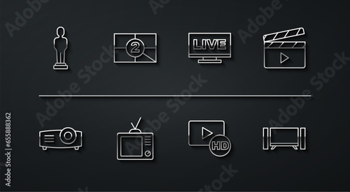Set line Movie trophy, Movie, film, media projector, clapper, Hd movie, tape, frame, Retro tv, Old countdown, Smart Tv and Live stream icon. Vector