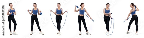 Collection of body workout training with exercise posture for athletic woman in different various exercising pose sequence in full body studio shot on isolated background. Vigorous photo