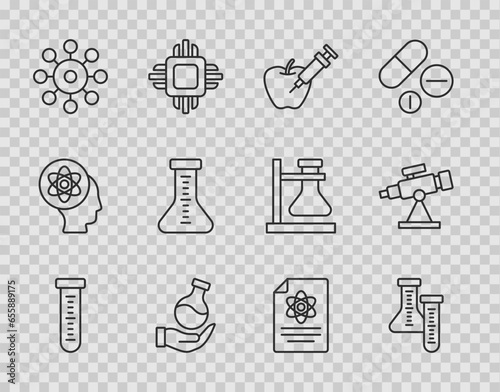 Set line Test tube, Genetically modified apple, Virus, Chemistry report and Telescope icon. Vector