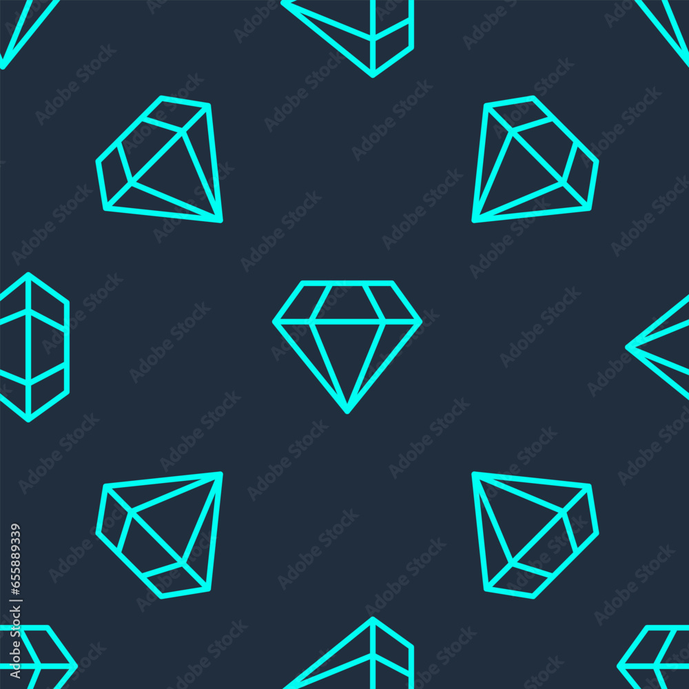Green line Diamond icon isolated seamless pattern on blue background. Jewelry symbol. Gem stone. Vector Green line Diamond icon isolated seamless pattern on blue background. Jewelry symbol. Gem stone. Vector