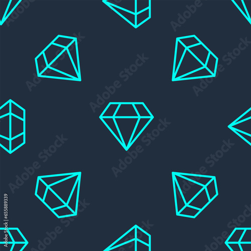 Green line Diamond icon isolated seamless pattern on blue background. Jewelry symbol. Gem stone. Vector