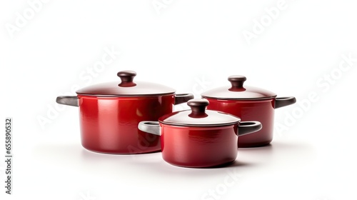 Set of Three Red Enamel Pans on White Background