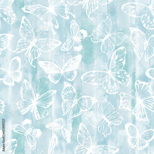 Butterflies. Abstract seamless pattern on blue watercolor background.  Vector illustration. Perfect for design templates  wallpaper  wrapping  fabric and textile.