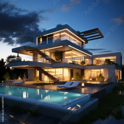 Modern villa with pool created with Generative AI © mg photo