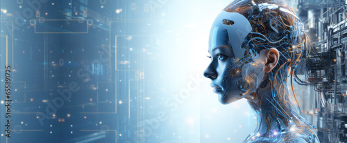 Artificial intelligence, a humanoid cyber girl with a neural network thinks. Artificial intelligence with a digital brain is learning to process big data