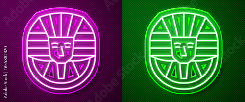 Glowing neon line Egyptian pharaoh icon isolated on purple and green background. Vector