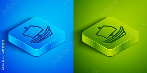 Isometric line Egyptian ship icon isolated on blue and green background. Egyptian papyrus boat. Square button. Vector