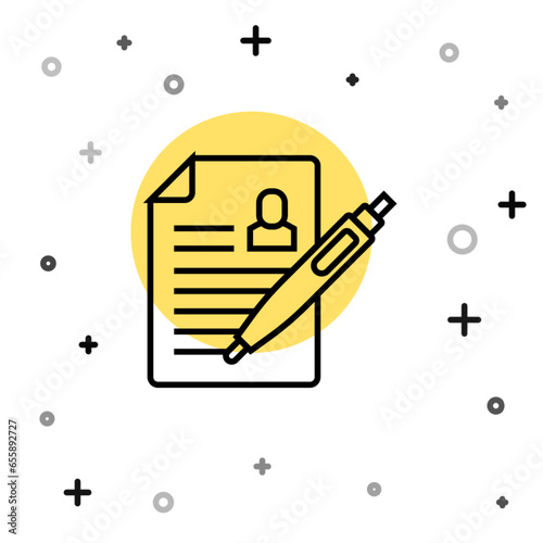 Black line Resume icon isolated on white background. CV application. Searching professional staff. Analyzing personnel resume. Random dynamic shapes. Vector