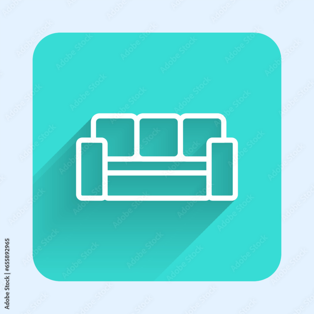 White line Sofa icon isolated with long shadow background. Green square button. Vector White line Sofa icon isolated with long shadow background. Green square button. Vector