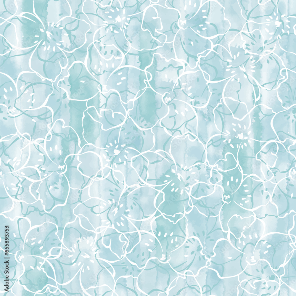 Jasmine flowers. Floral seamless pattern on a blue watercolor background. Vector illustration. Perfect for design templates, wallpaper, wrapping, fabric and textile.