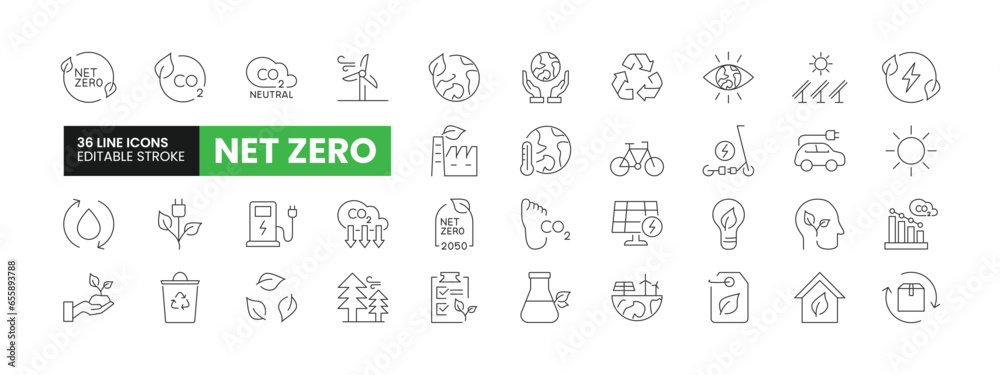 Set of 36 Net Zero line icons set. Net Zero outline icons with editable stroke collection. Includes Net Zero, Solar Energy, Wind Turbine, Carbon Footprint, Sustainability, and More.