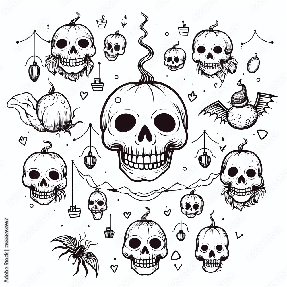 Fototapeta premium halloween pumpkin elements, coloring page, icons