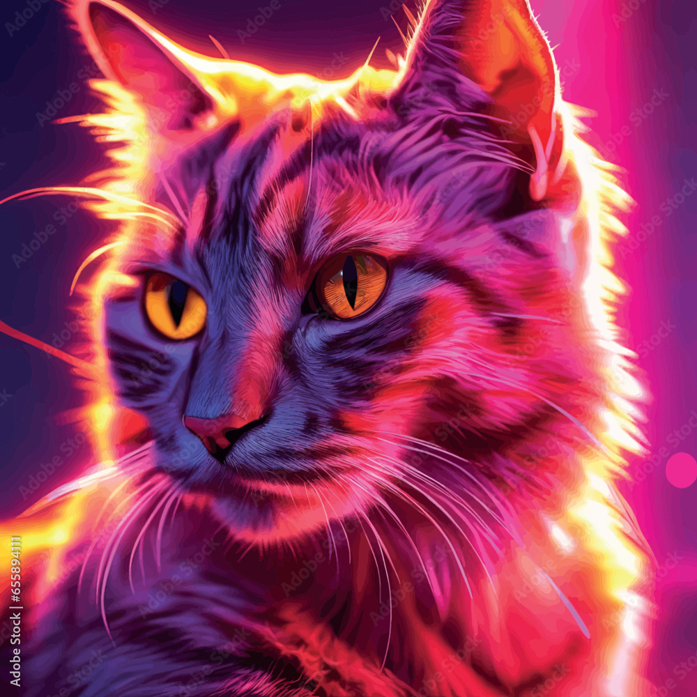 cat with neon lights.  3d rendering cat with neon lights.  3d rendering red cat with neon lights. 