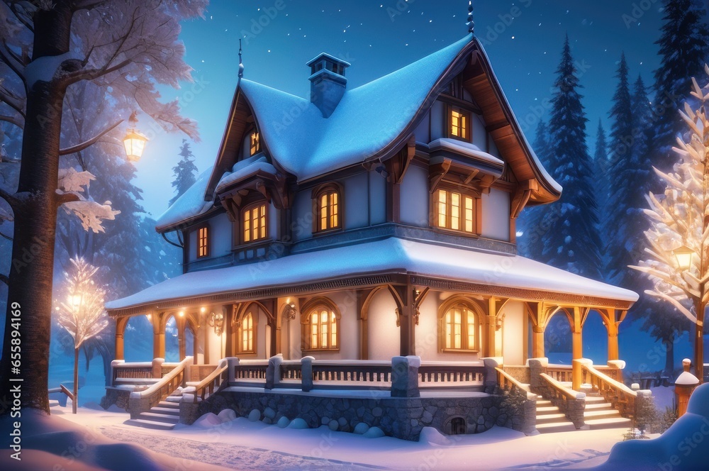 Cozy fairytale winter house at snowy night. Fantastic winter landscape with glowing wooden cabin in snowy forest. Christmas holiday concept
