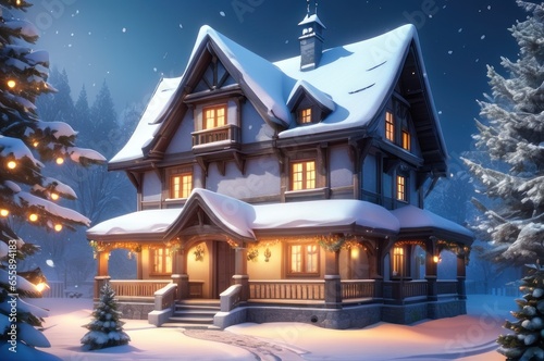 Cozy fairytale winter house at snowy night. Fantastic winter landscape with glowing wooden cabin in snowy forest. Christmas holiday concept