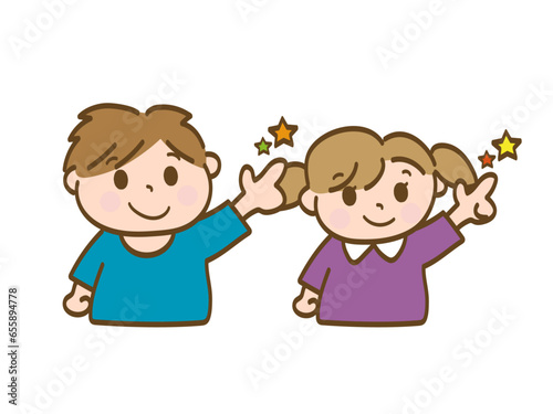 明日への希望_空に向かって指差す男の子と女の子_小学生低学年_幼児