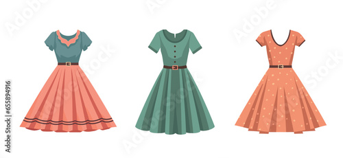 Retro woman dresses collection isolated on white background. Vintage fashion 1950s. Vector stock