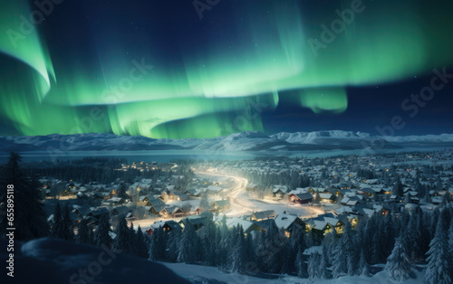northern lights in a mountain village