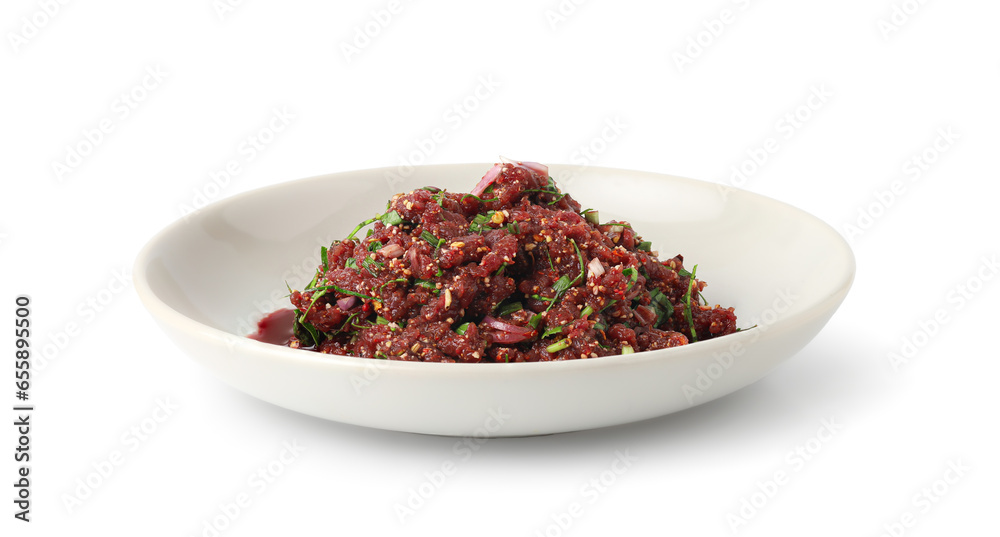Φωτογραφία Thai Beef Blood Salad isolated on white background, Spicy minced raw beef with blood, Spicy minced beef salad is a food that some people like to eat By using fresh beef to cook without being cooked