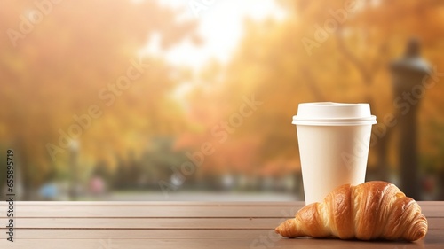 A paper cup and croissant on a wooden table with an autumn blurred background with a place for text. AI generated