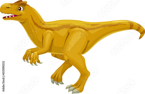 Allosaurus dinosaur cartoon character, dino reptile for kids toy or Jurassic game, isolated vector. Funny cute Allosaurus dino or yellow dinosaur for children prehistoric extinct games or mascot