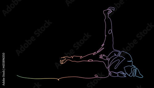 Breakdance, street dance vector illustration. One continuous line art drawing of breakdance pose. Colorful image on black background photo