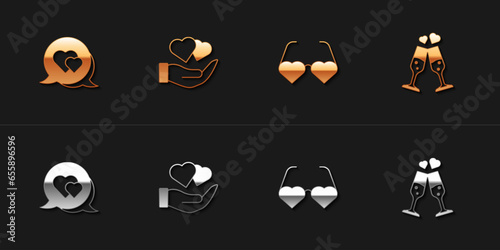 Set Heart in speech bubble, hand, shaped love glasses and Glass of champagne icon. Vector