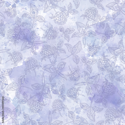 Floral background with hand-drawn clover flowers on lilac watercolor background. Outline. Vector illustration. Perfect for design templates, wallpaper, wrapping, fabric and textile.