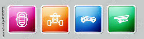 Set line Rafting boat, ATV motorcycle, Vintage sport racing car and Hang glider. Colorful square button. Vector