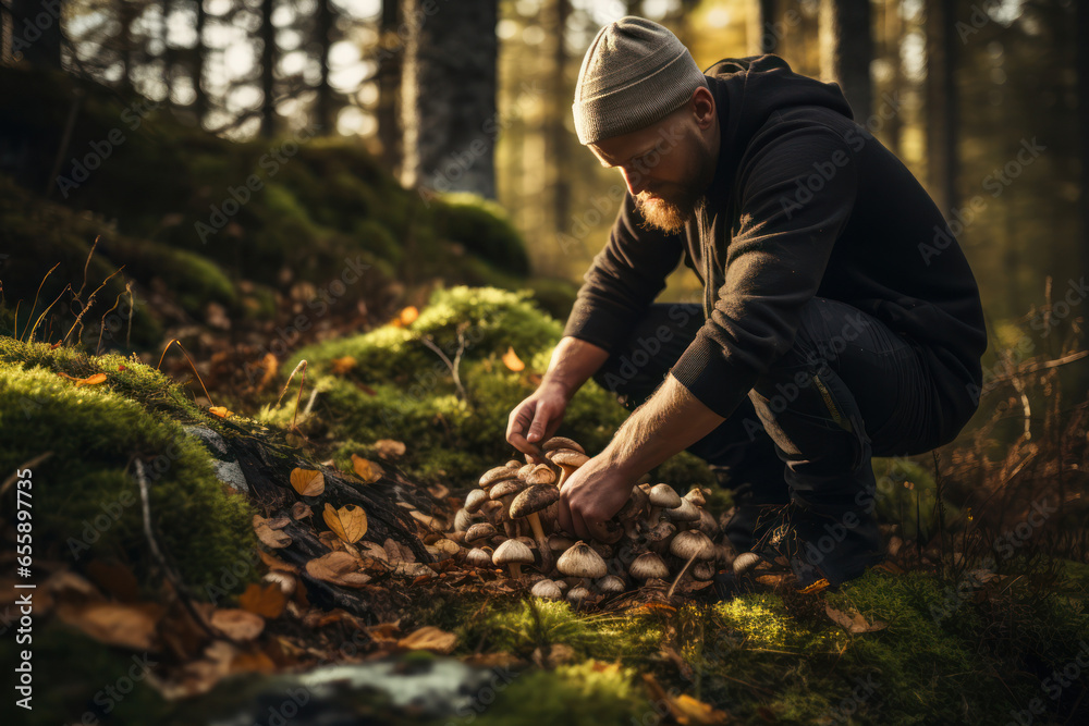 Person foraging for wild mushrooms in the Slovenian forests, highlighting the connection to nature in Slovenian cuisine. Generative Ai Person foraging for wild mushrooms in the Slovenian forests, highlighting the connection to nature in Slovenian cuisine. Generative Ai