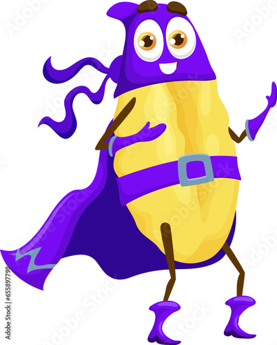 Cartoon gnocchetti sardi italian pasta food superhero character. Isolated vector super hero macaroni personage wear purple defender costume that reflects heroic nature and readiness to save the world