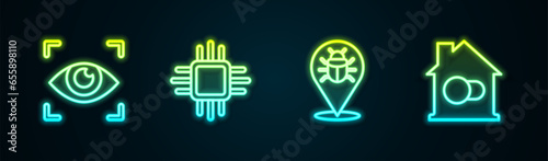 Set line Eye scan, Processor with microcircuits CPU, System bug and Smart home. Glowing neon icon. Vector