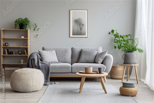 Interior design of cozy living room with stylish sofa  coffee table  green plants  rug  decoration in modern home decor
