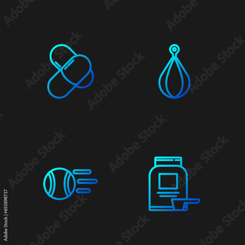 Set line Sports nutrition, Tennis ball, and Punching bag. Gradient color icons. Vector